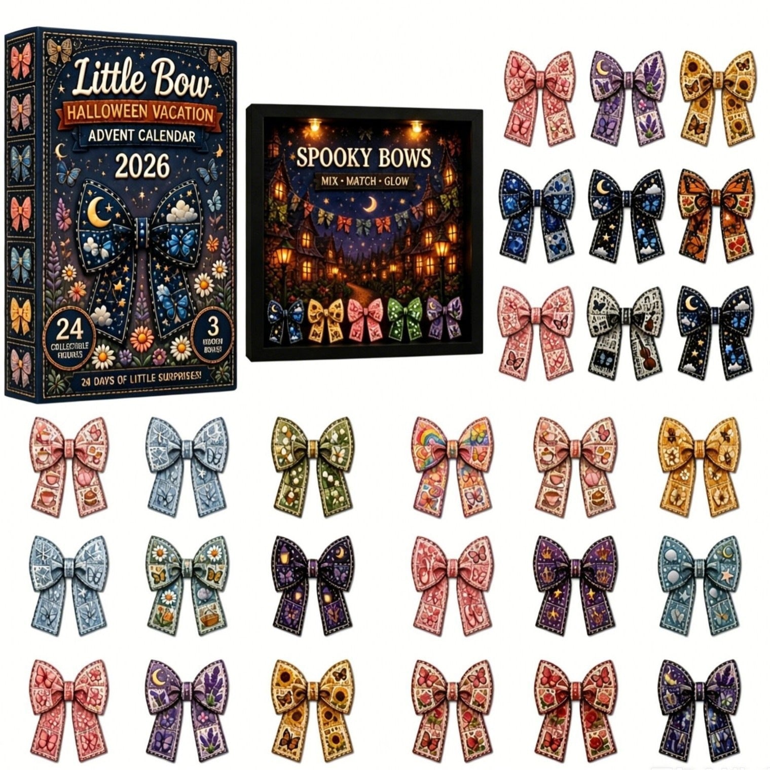 Little Bow Halloween Vacation 24-Day Advent Calendar (2026 Edition) | Spooky-Chic Collectible Bows with Glow-in-the-Dark Surprises