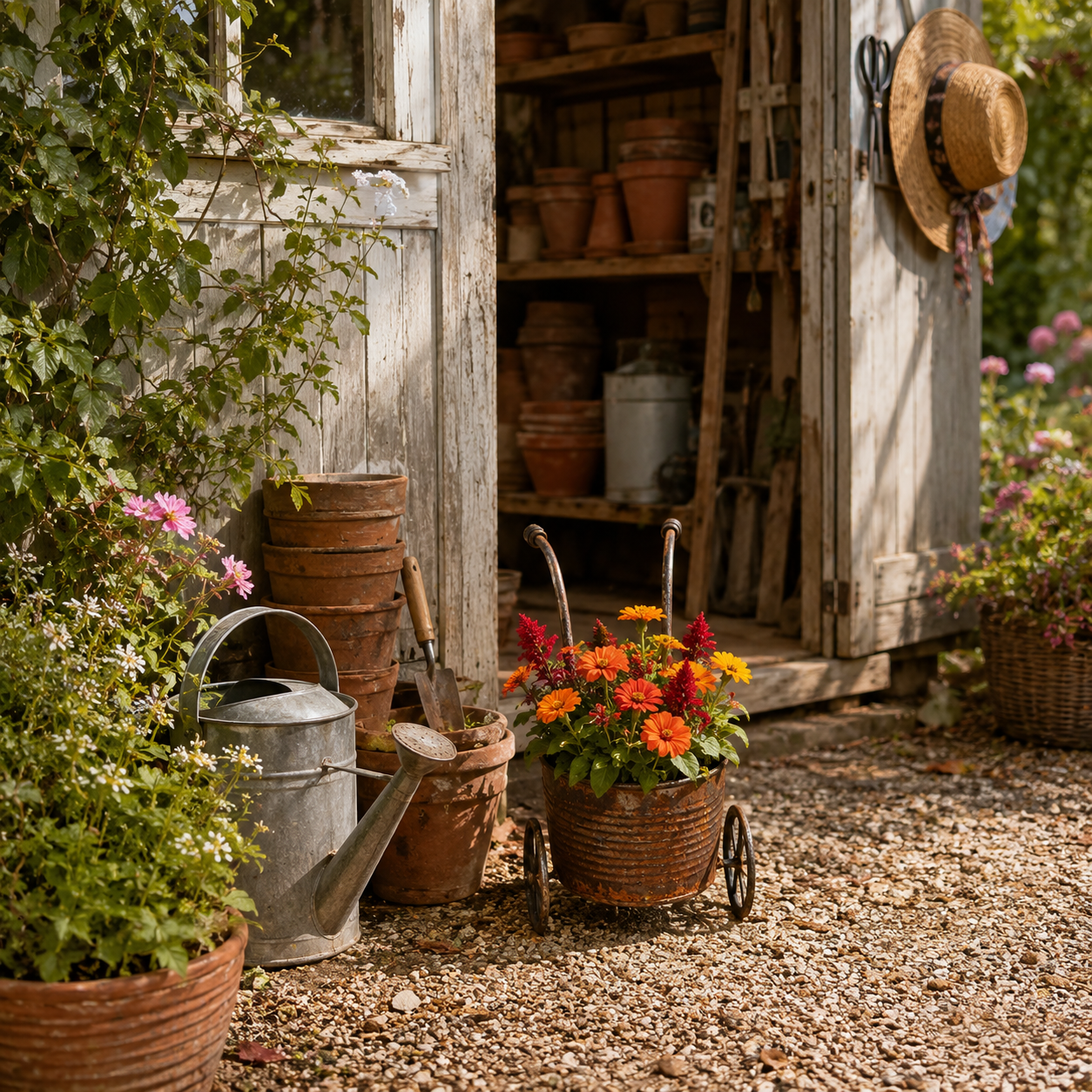 🌸🌸Rustic Metal Wheelbarrow Planter, Vintage Garden Cart Flower Pot
