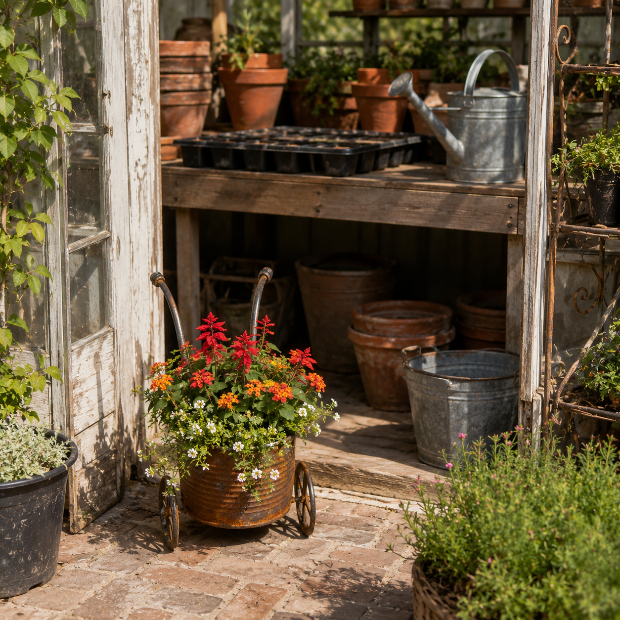 🌸🌸Rustic Metal Wheelbarrow Planter, Vintage Garden Cart Flower Pot