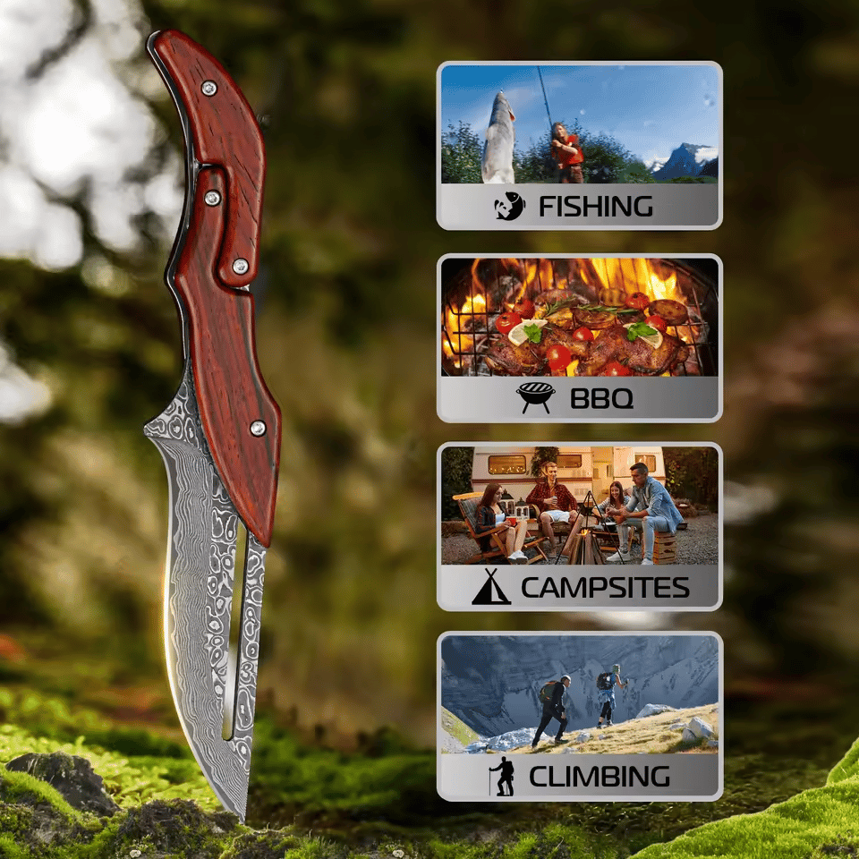 🔥Limited Time Discount 💥Artisan Wood Series: Unique Swing-Lock Folding Knife with Damascus-Style Blade🔪