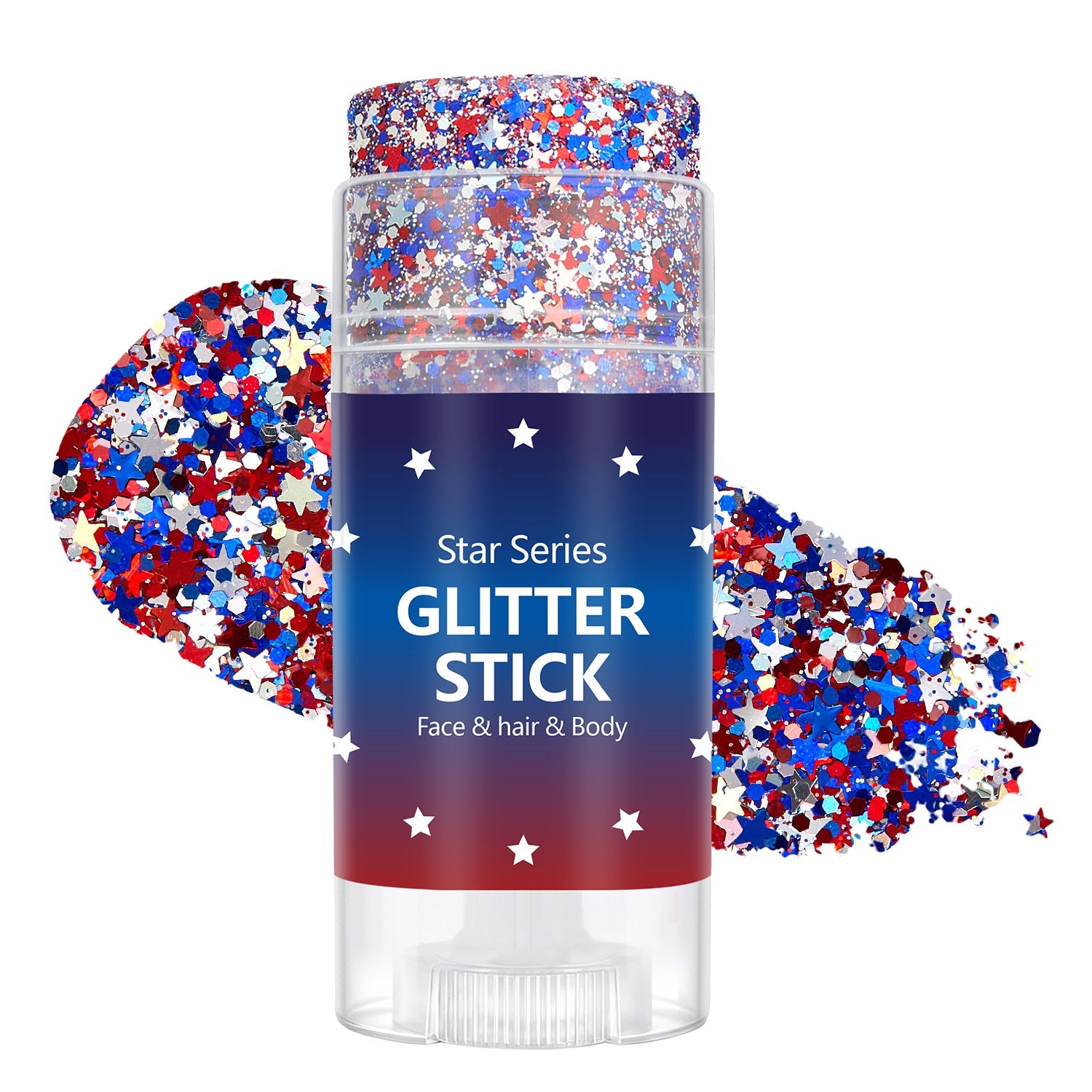 July 4th Independence Day: Star-shaped hair accessory, glitter stick, and sparkly makeup
