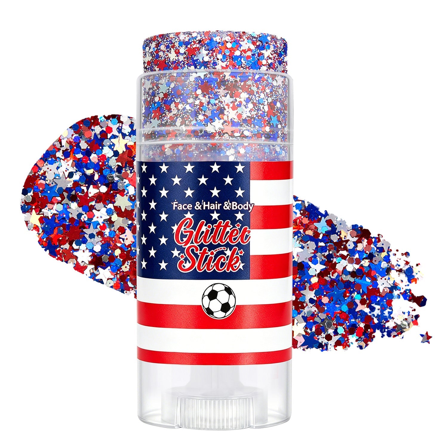 July 4th Independence Day: Star-shaped hair accessory, glitter stick, and sparkly makeup