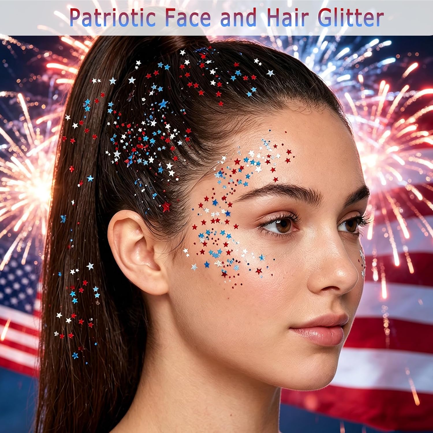 July 4th Independence Day: Star-shaped hair accessory, glitter stick, and sparkly makeup