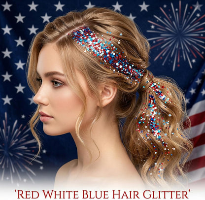 July 4th Independence Day: Star-shaped hair accessory, glitter stick, and sparkly makeup