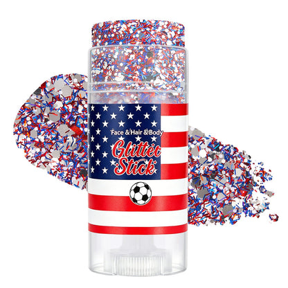 July 4th Independence Day: Star-shaped hair accessory, glitter stick, and sparkly makeup