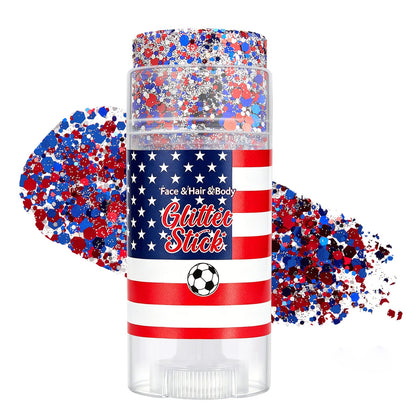 July 4th Independence Day: Star-shaped hair accessory, glitter stick, and sparkly makeup