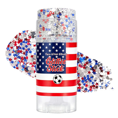 July 4th Independence Day: Star-shaped hair accessory, glitter stick, and sparkly makeup