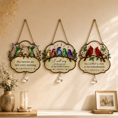 🐦Christian Scripture Bird Suncatcher with Crystal Prism – Hummingbird, Cardinal & Songbird Window Hanging