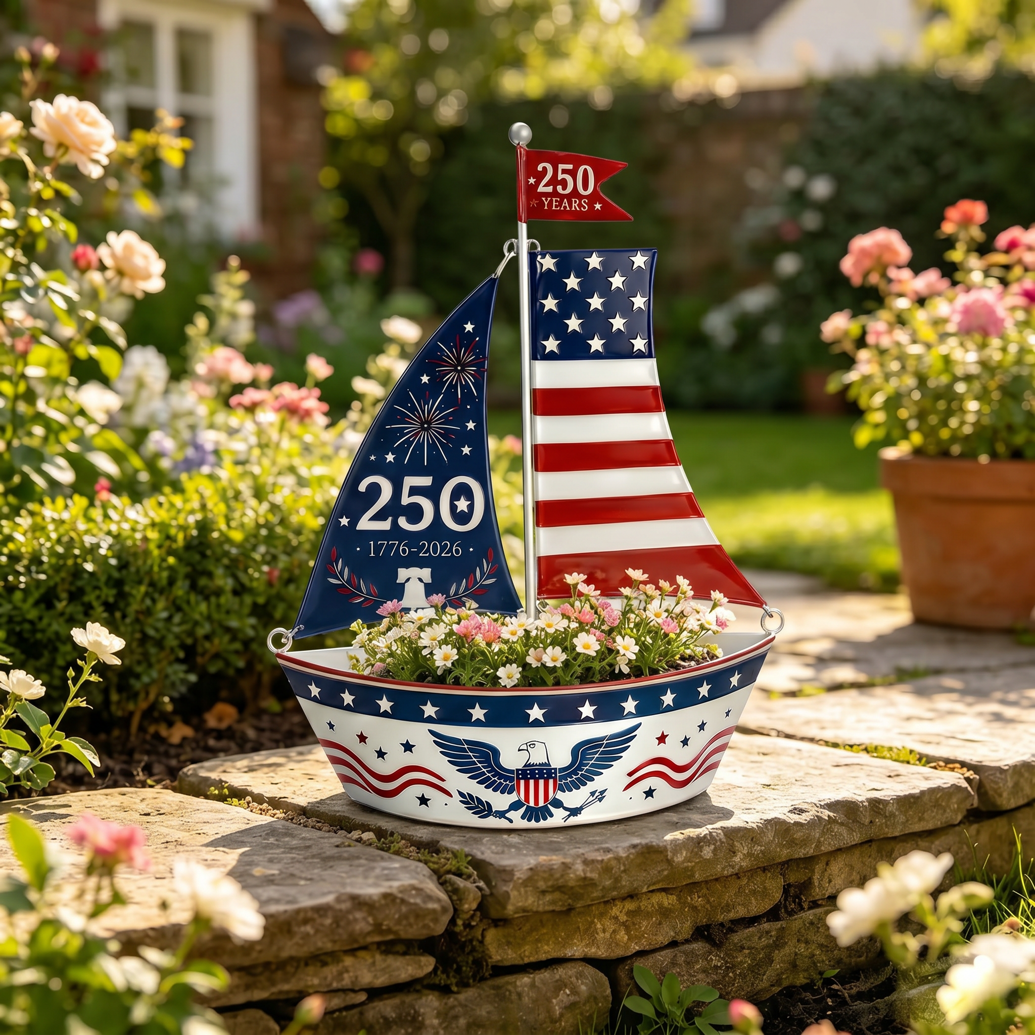 🔥America 250 Years Patriotic Sailboat Metal Planter, Outdoor Garden & Wall Patriotic Decor