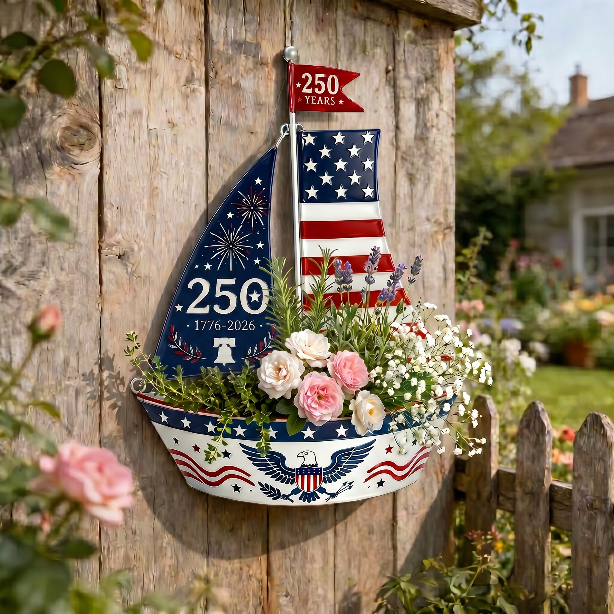 🔥America 250 Years Patriotic Sailboat Metal Planter, Outdoor Garden & Wall Patriotic Decor