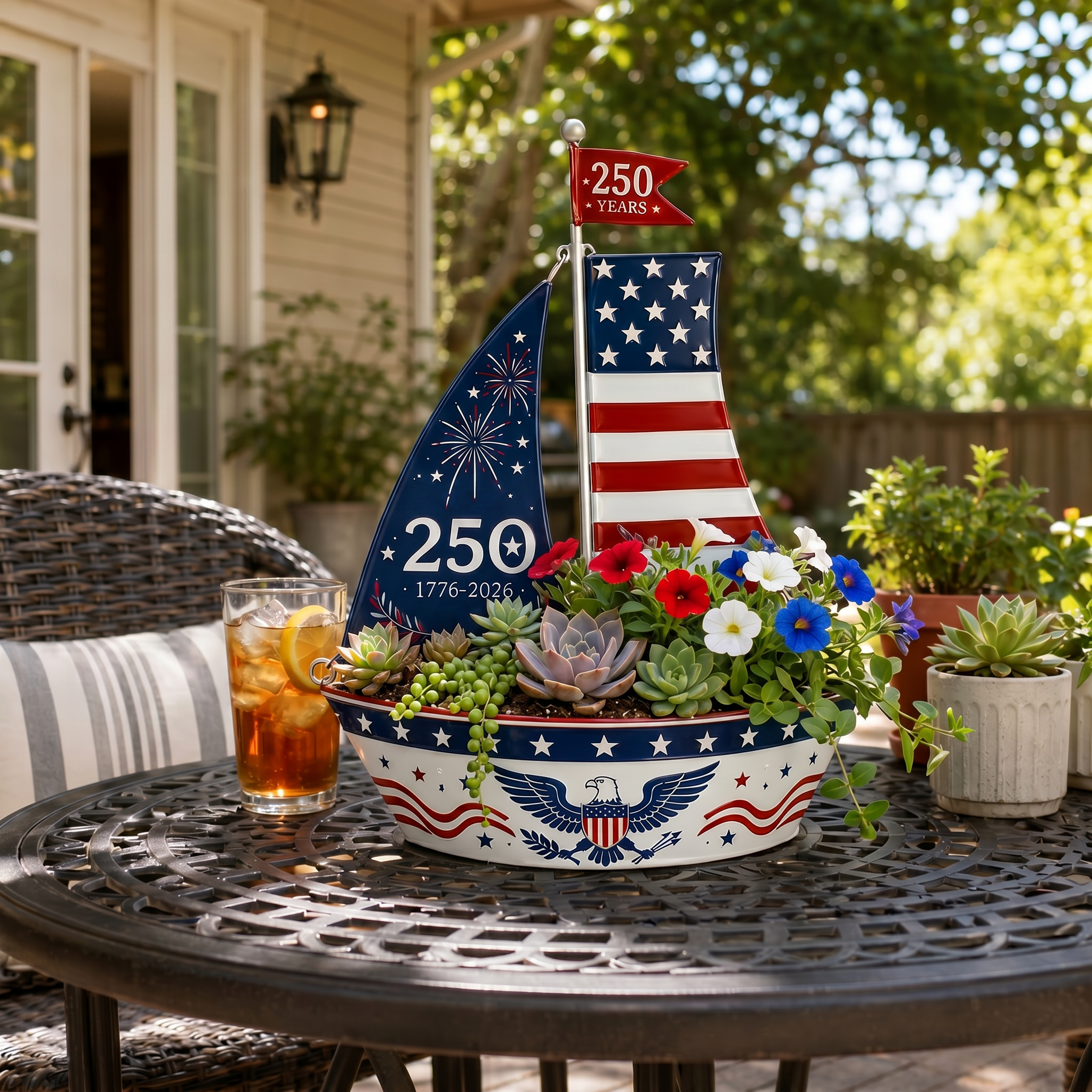 🔥America 250 Years Patriotic Sailboat Metal Planter, Outdoor Garden & Wall Patriotic Decor